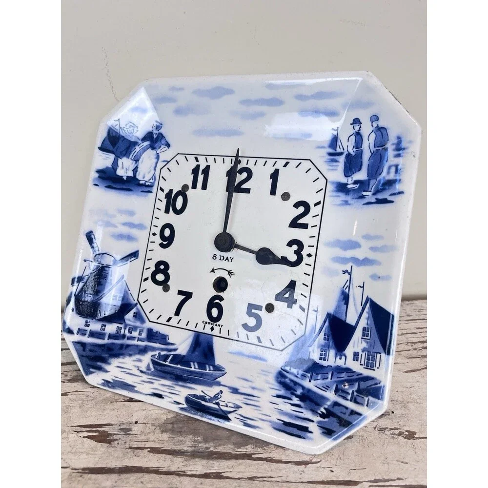 Antique 1920's German Blue Delft 10 Day RARE Wall Plate Clock No Key Untested
